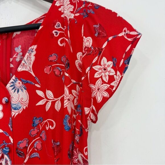 Talbots Red Blue Cream Floral Print V Neck Button Front Sash Waist Dress - Picture 9 of 16